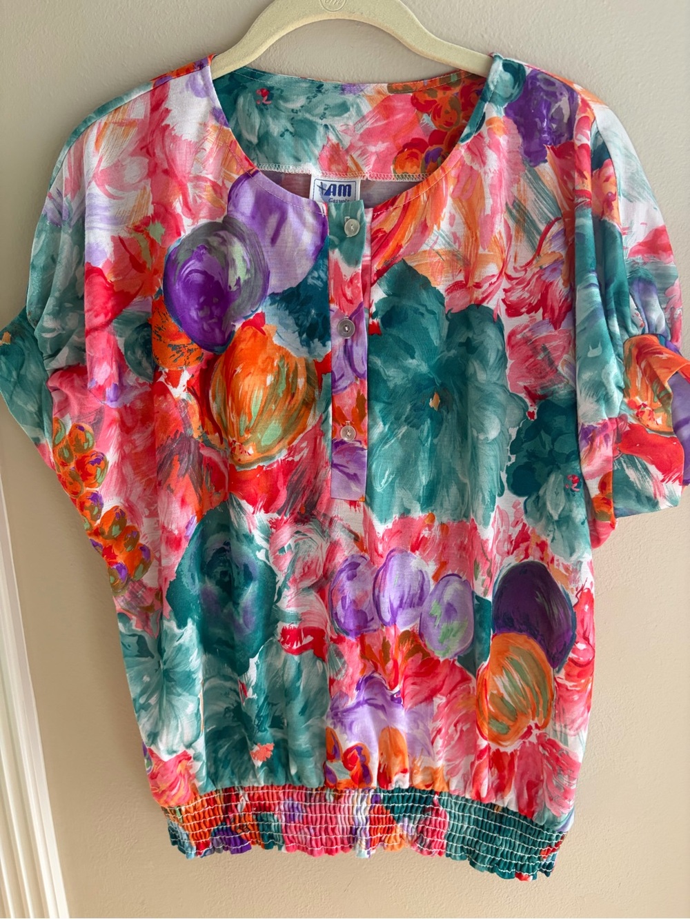 Vintage 90s Watercolor Floral Smocked Hem Boho Top